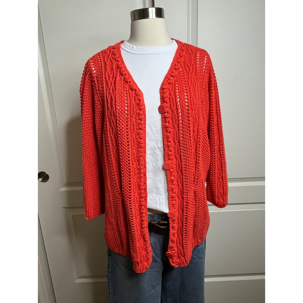 Coldwater Creek Womens 3X Orange Open Knit Cable Cardigan Sweater Ramie Cotton